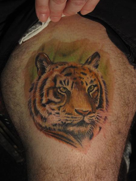 Colorful Tiger Face Tattoo On Side Thigh