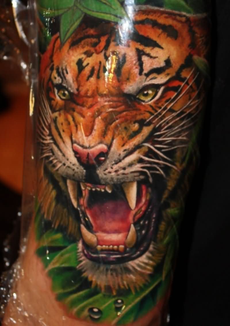 Colorful Tiger Face Tattoo On Sleeve