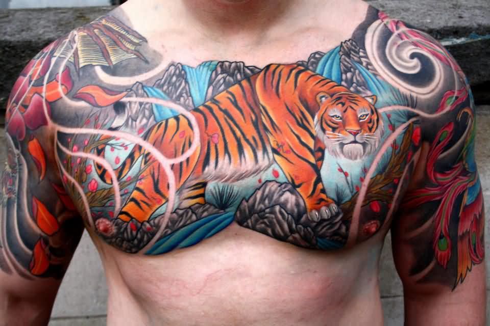 Colorful Tiger Tattoo On Man Chest