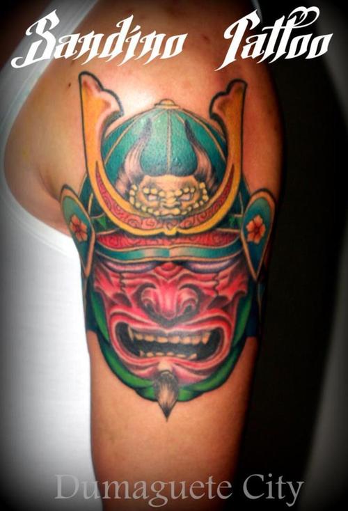 Colorful Traditional Samurai Head Tattoo On Left Shoulder By Sandino