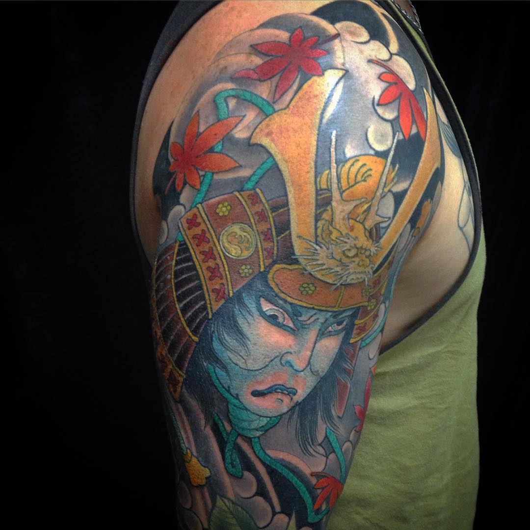 Colorful Traditional Samurai Head Tattoo On Right Half Sleeve