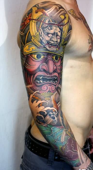 Colorful Traditional Samurai Head With Flowers Tattoo On Man Right Full Sleeve