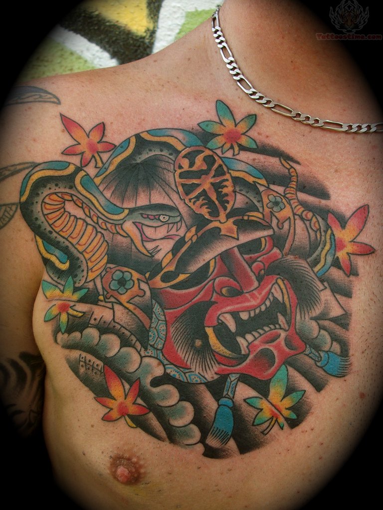Colorful Traditional Samurai Head With Snake Tattoo On Man Right Chest