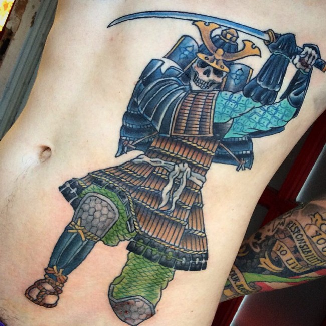 Colorful Traditional Samurai Tattoo On Man Stomach