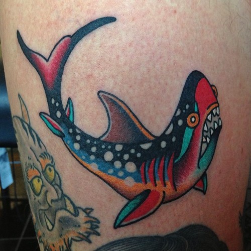 Colorful Traditional Shark Tattoo Design For Leg
