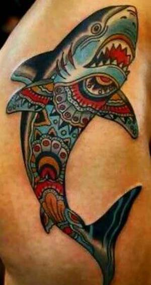 Colorful Traditional Shark Tattoo Design For Men