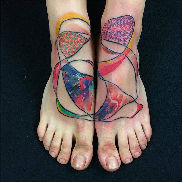 Colorful watercolor foot tattoo by Ondrash tattoo