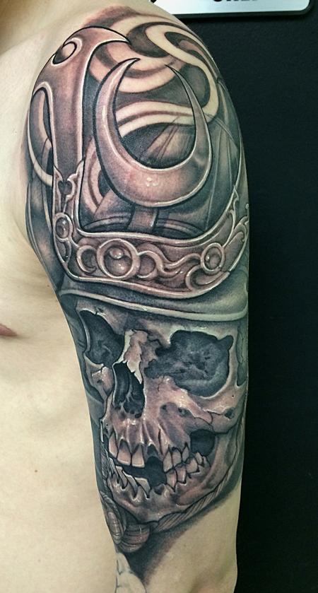Cool Black And Grey 3D Samurai Skull Tattoo On Man Left Half Sleeve