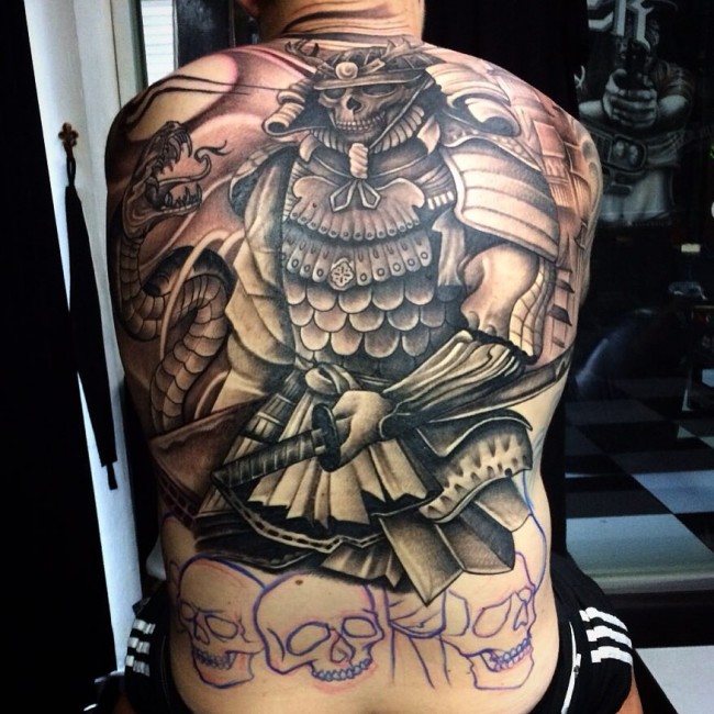 Cool Black And Grey Samurai Tattoo On Man Full Back