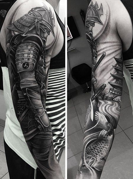 Cool Black And Grey Samurai Tattoo On Man Right Full Sleeve