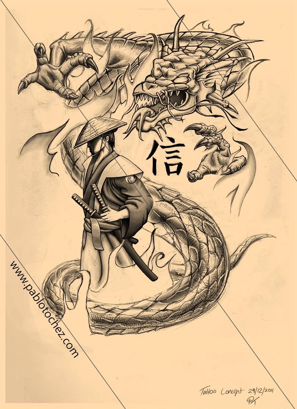 Cool Black And Grey Samurai With Dragon Tattoo Design
