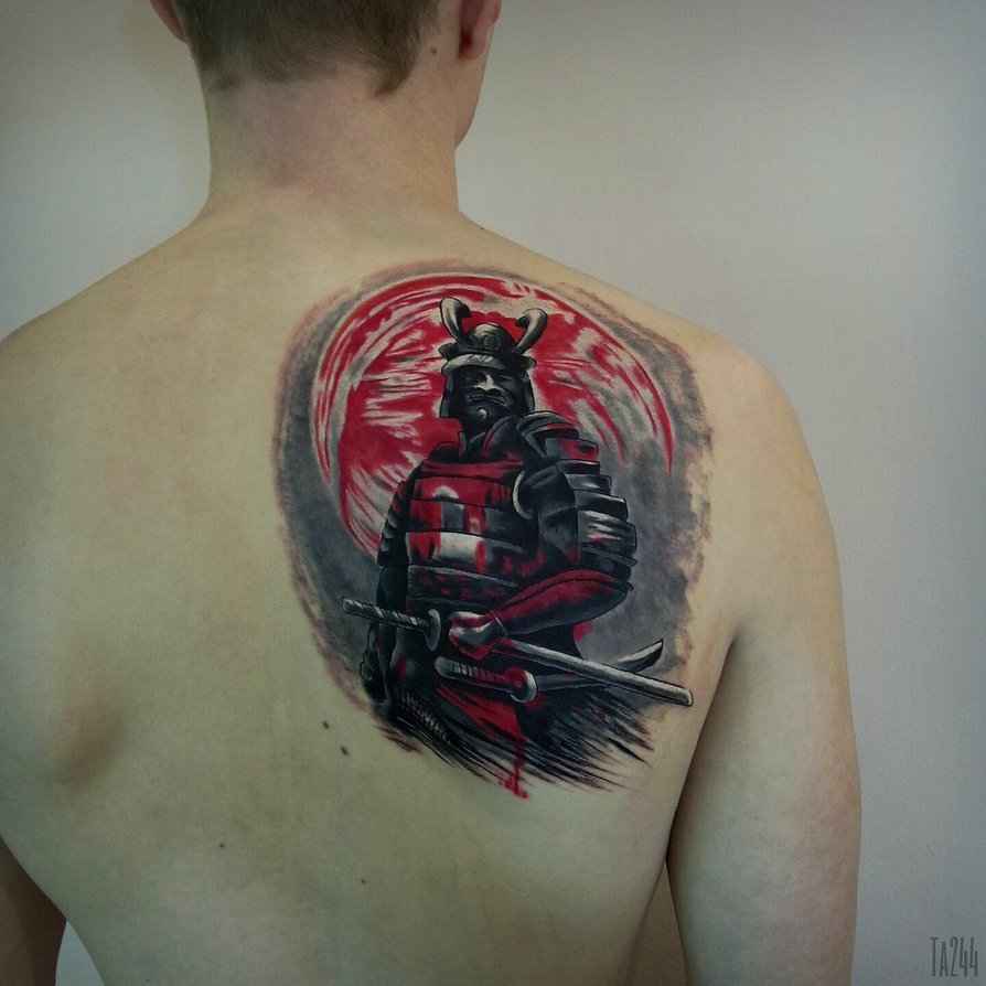 Cool Black And Red Samurai Tattoo On Man Right Back Shoulder By Mikhail Zhezlov