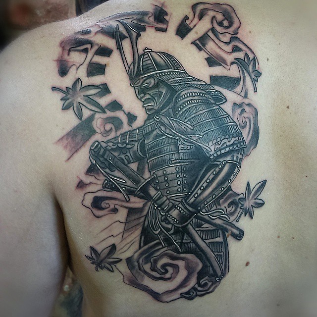 Cool Black Ink Samurai Tattoo On Man Left Back Shoulder