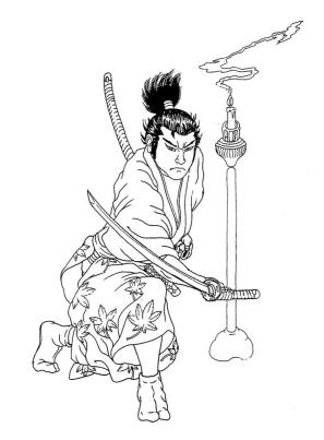 Cool Black Outline Samurai With Sword Tattoo Stencil