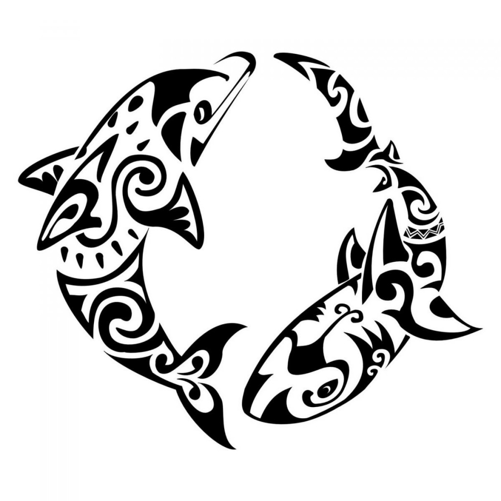 Cool Black Tribal Dolphin With Shark Tattoo Stencil