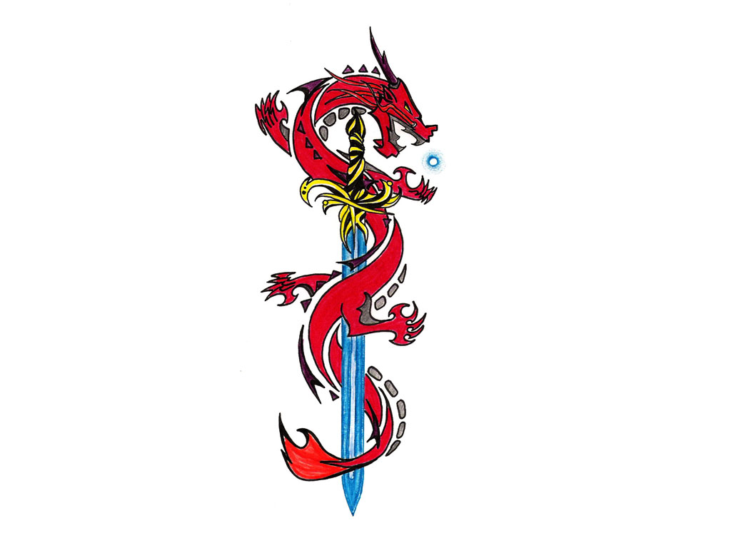 Cool Colorful Samurai Sword With Dragon Tattoo Design