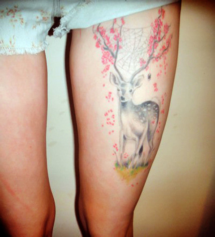 Cool Deer Tattoo On Thigh For Women