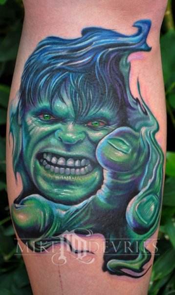 Cool Green Ink Hulk Tattoo Design For Leg Calf By Mike Devries
