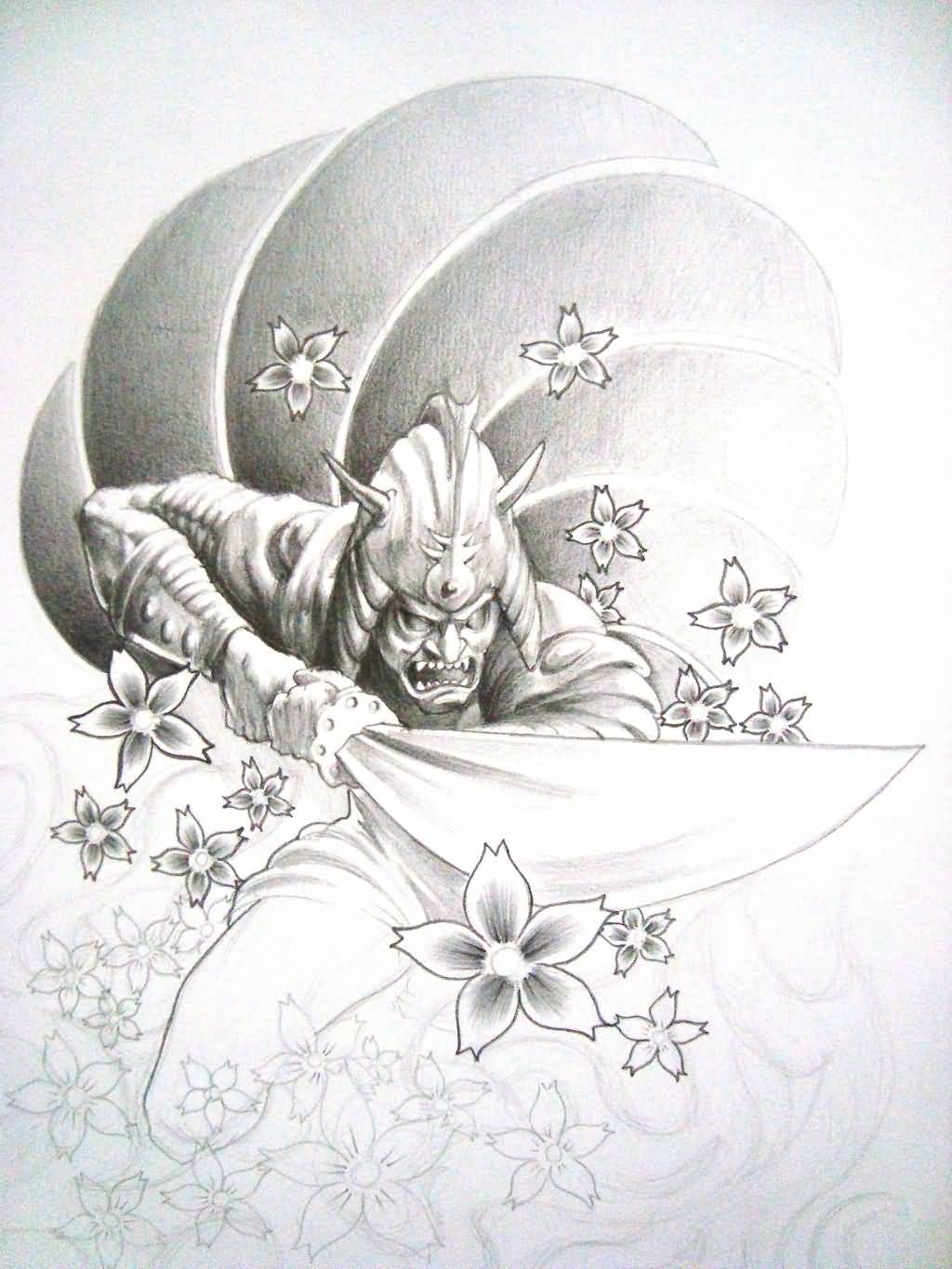 Cool Grey Ink Samurai With Flowers Tattoo Design