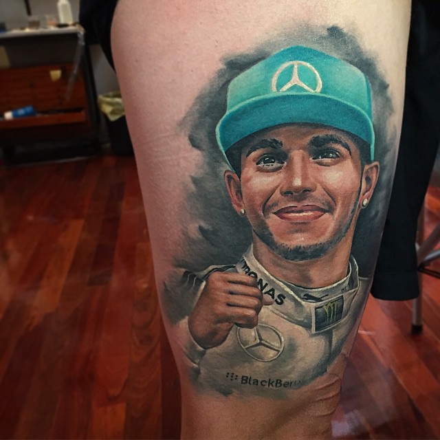 Cool Lewis Hamilton Portrait Tattoo On Right Thigh By Benjamin Laukis