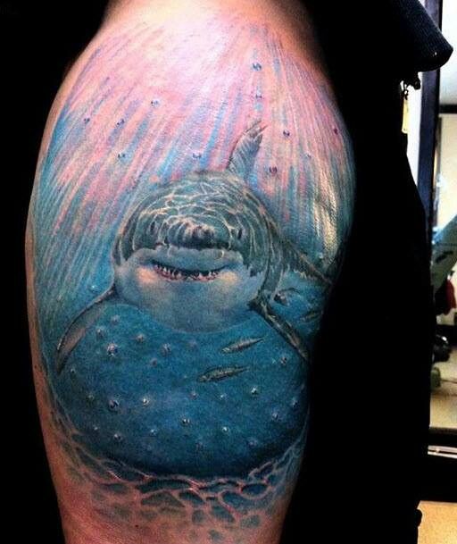 Cool Realistic Shark Tattoo On Man Right Half Sleeve