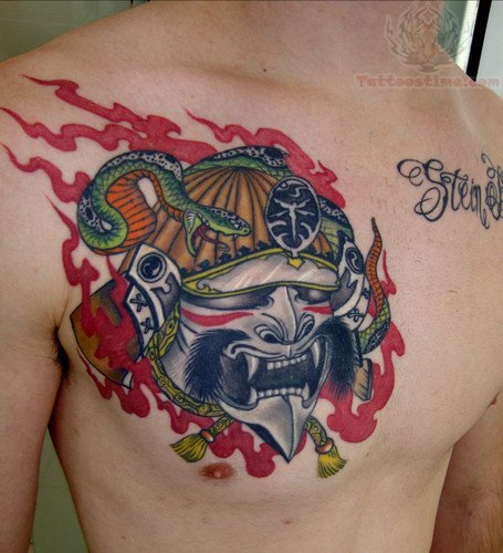 Cool Samurai Head With Snake Tattoo On Man Right Chest