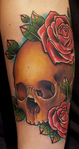 Cool Skull With Roses Tattoo On Forearm
