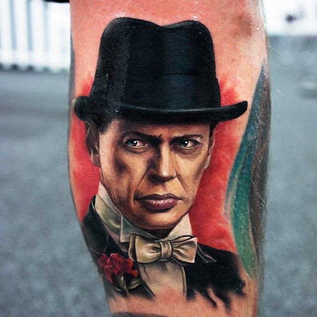 Cool Steve Buscemi Portrait Tattoo On Leg Calf By Mick Squires