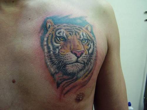 Cool Tiger Face Tattoo On Chest