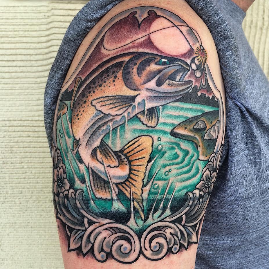 Cool Traditional Fish In Frame Tattoo On Man Right Shoulder By Justin Brooks