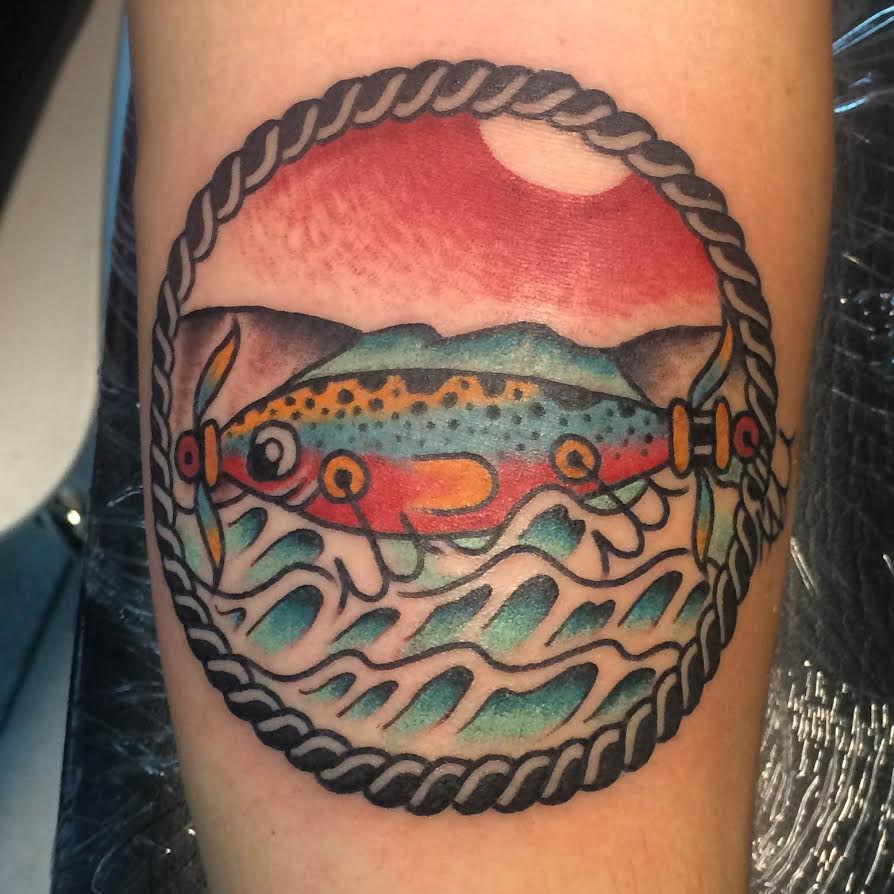 Cool Traditional Fish Submarine in Rope Frame Tattoo On Sleeve By Justin Brooks