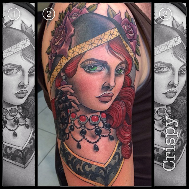 Cool Traditional Girl Face Tattoo On Right Half Sleeve