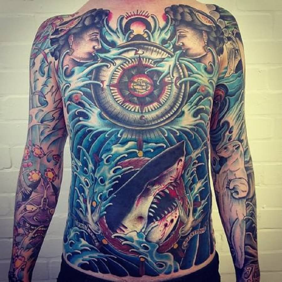 Cool Traditional Shark With Compass Tattoo On Man Full Body