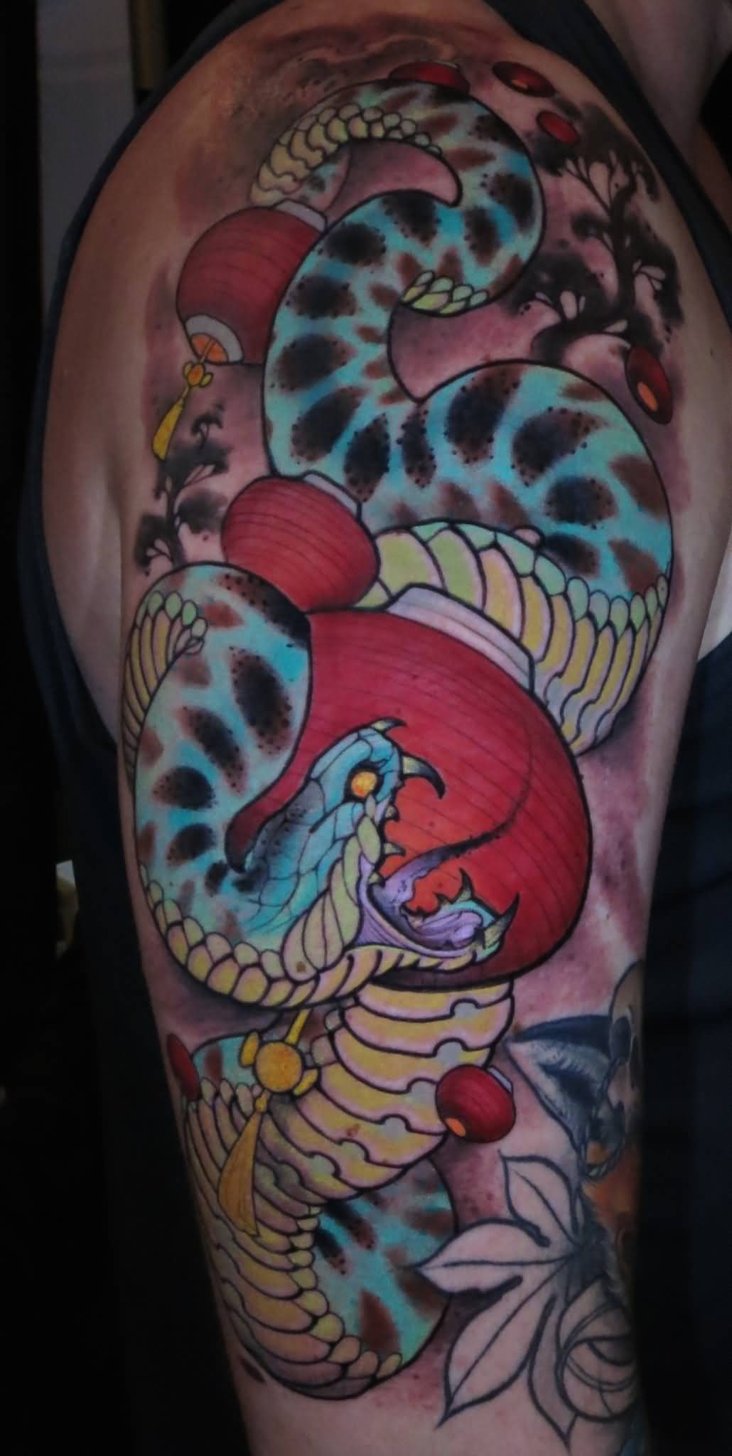 Cool Traditional Snake Tattoo On Right Half Sleeve By Curtis Burgess