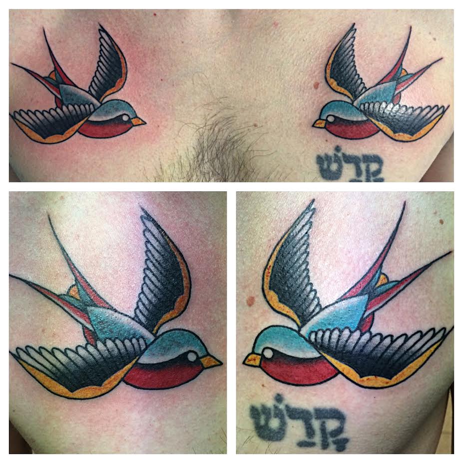 Cool Traditional Two Flying Birds Tattoo On Man Chest By Justin Brooks