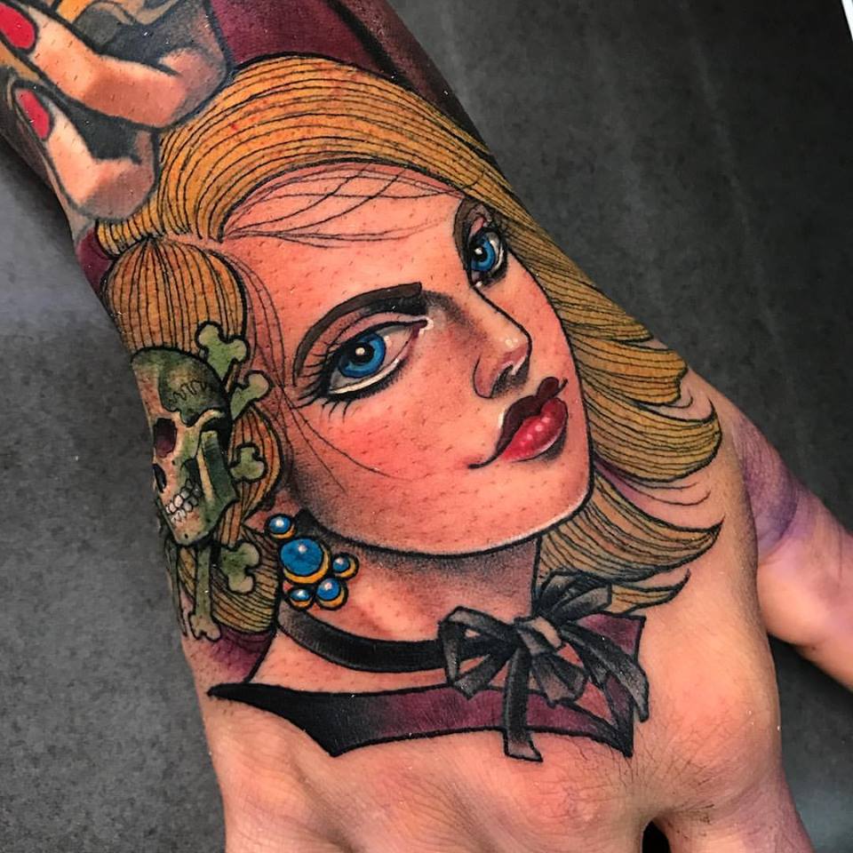 Cool Women Head Tattoo On Right Hand By Crispy Lennox