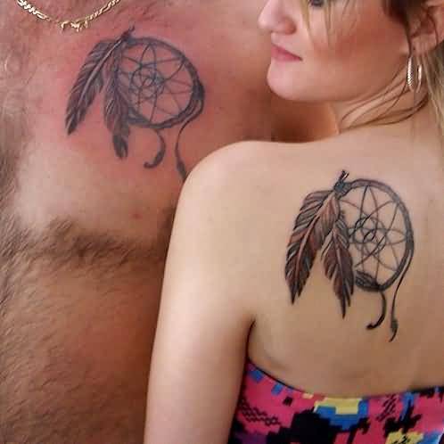 Couple Showing Matching Simple Dreamcatcher Tattoos