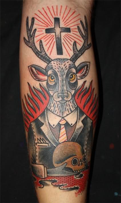 Cross And Getleman Deer With Skull In Hand Tattoo