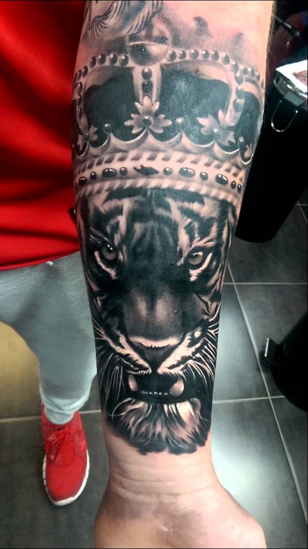 Crown Black And Grey Tiger Tattoo On Forearm