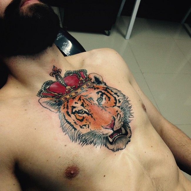 Crown Tiger Head Tattoo On Man Chest