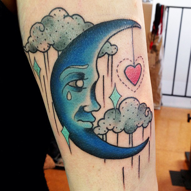 Crying Half Moon With Heart Tattoo On Sleeve
