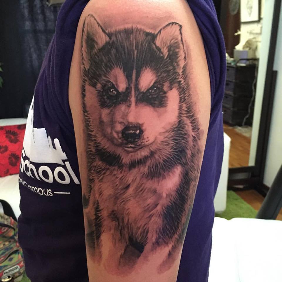 Cute Black Ink Puppy Husky Tattoo On Left Half Sleeve