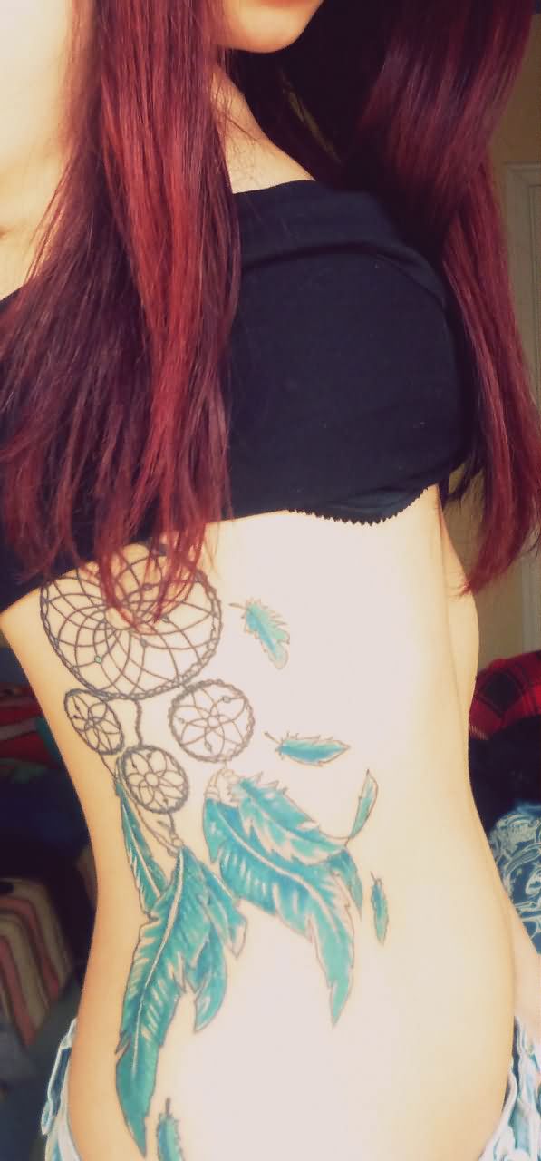Cute Blue Ink Dreamcatcher Tattoo On Side
