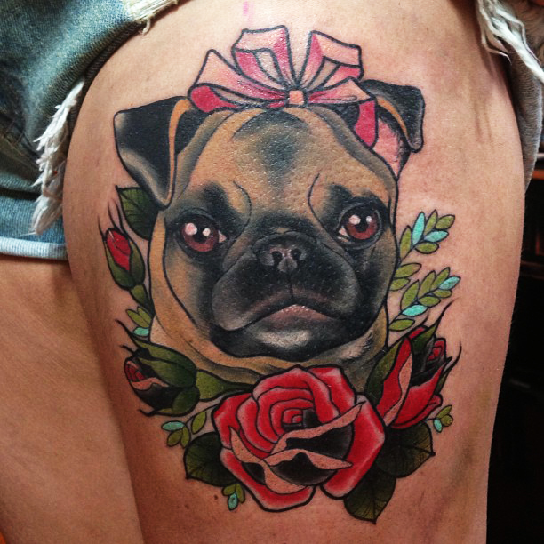 Cute Dog Face Portrait With Rose Tattoo On Left Thigh