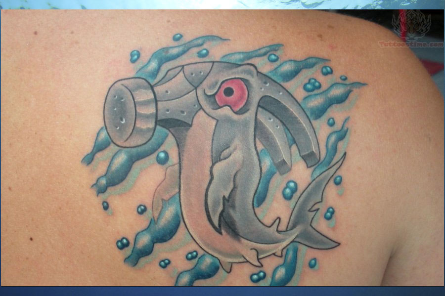 Cute Hammerhead Shark Tattoo On Right Back Shoulder