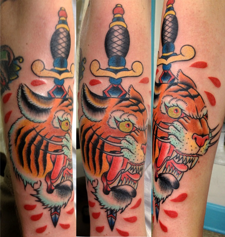 Dagger And Tiger Tattoo On Arm Sleeve