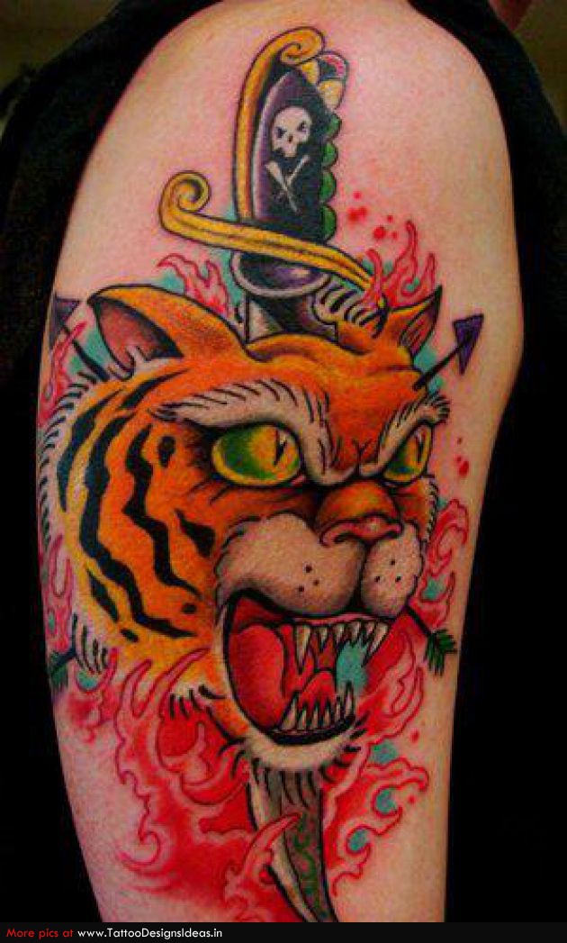 Dagger And Tiger Tattoo On Right Half Sleeve