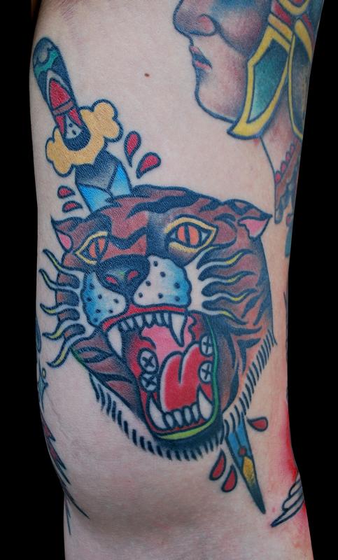 Dagger Tiger Head Tattoo On Leg