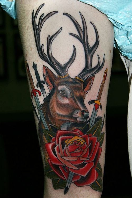 Daggers In Red Rose And Traditional Deer Tattoo Idea