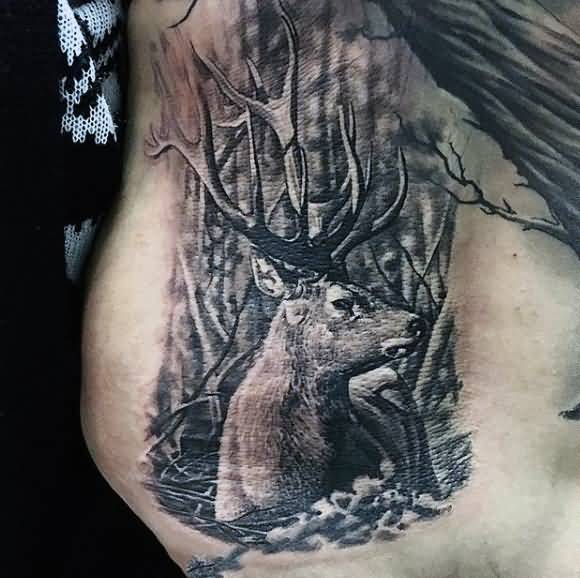 Dark Ink Deer Tattoo On Side Rib